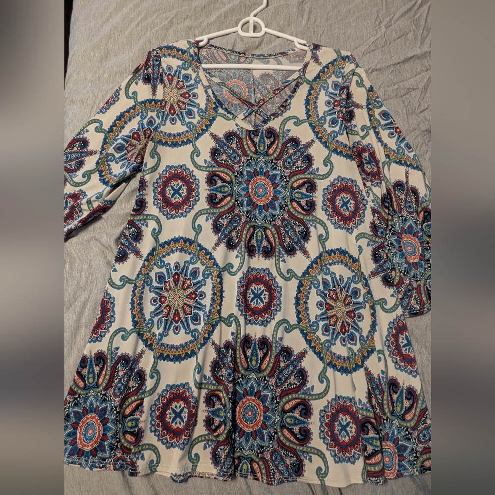 Cream and Blue Graphic Tunic with Relaxed Fit